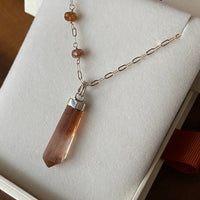 Golden Orange Brown Ombre Topaz Crystal Point Pendant and Brown Tourmaline Necklace, November Birthstone Necklace