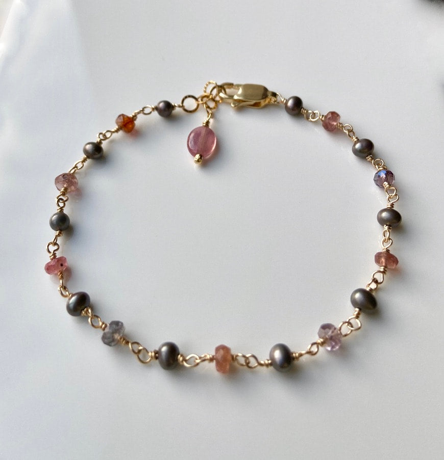 Multi Color Spinel, Mozambique Sapphire and Pearl Rosary Bracelet