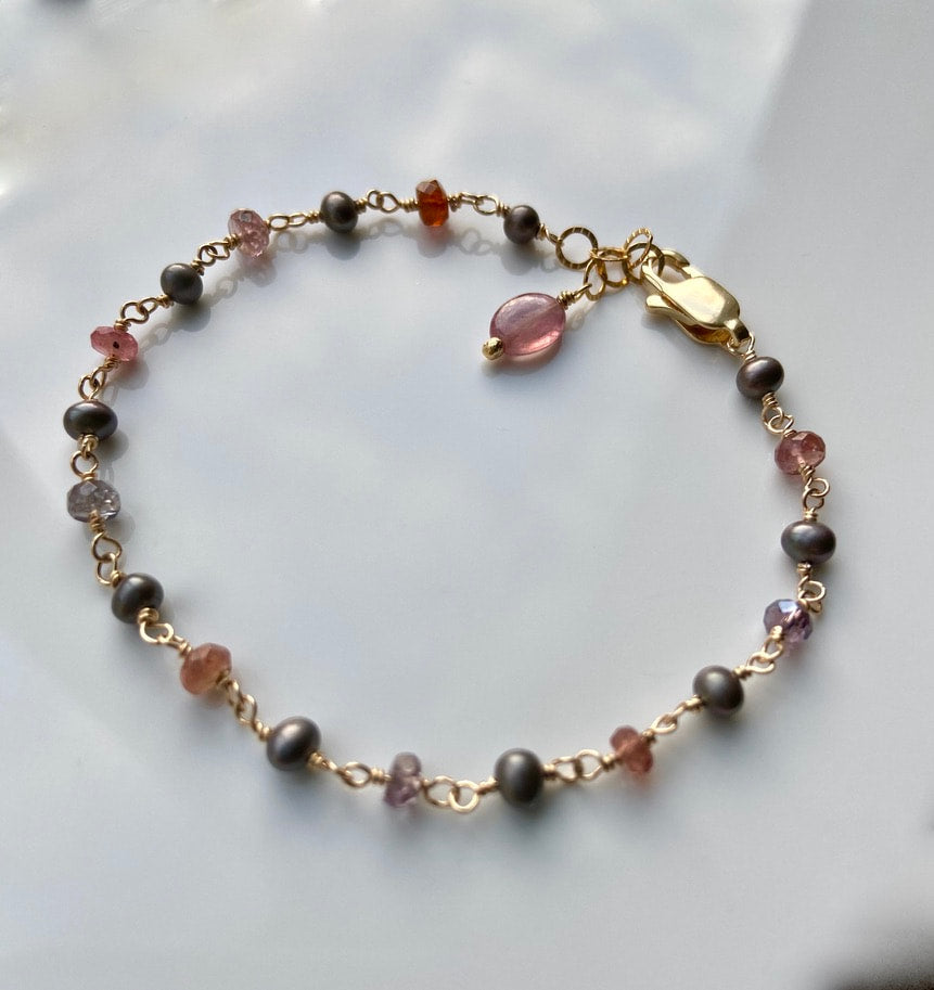 Multi Color Spinel, Mozambique Sapphire and Pearl Rosary Bracelet