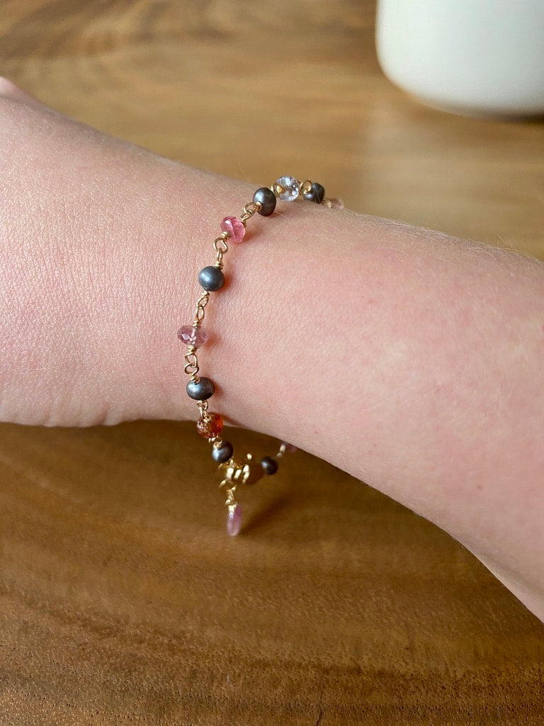 Multi Color Spinel, Mozambique Sapphire and Pearl Rosary Bracelet