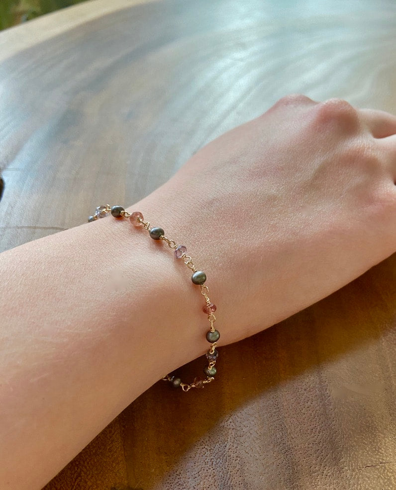 Multi Color Spinel, Mozambique Sapphire and Pearl Rosary Bracelet