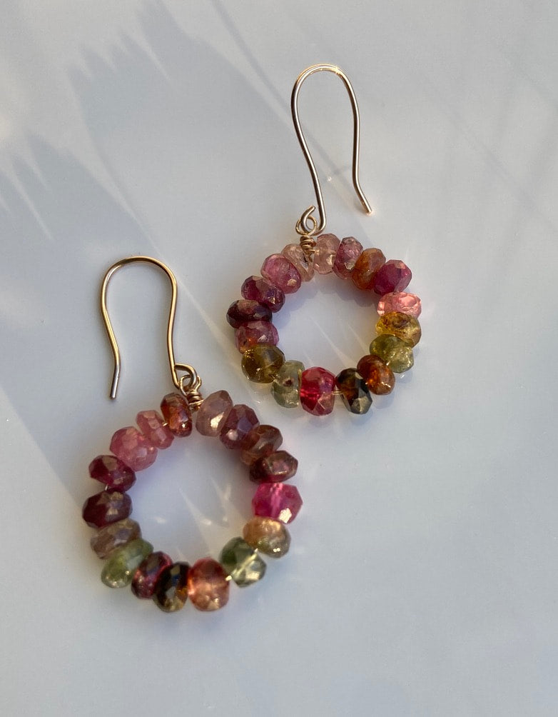 Watermelon Tourmaline Beaded Hoop Earrings