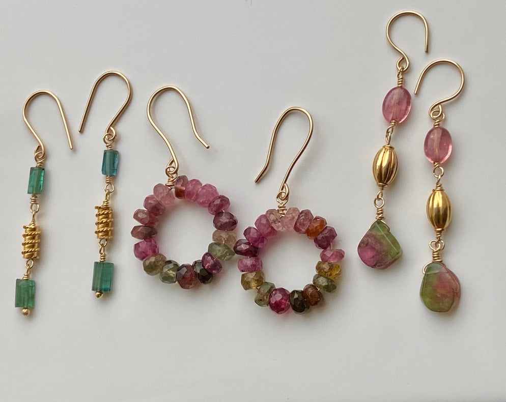 Watermelon Tourmaline Beaded Hoop Earrings