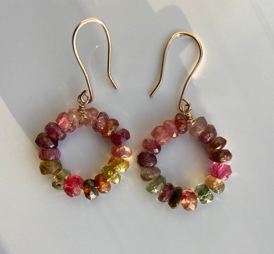 Watermelon Tourmaline Beaded Hoop Earrings