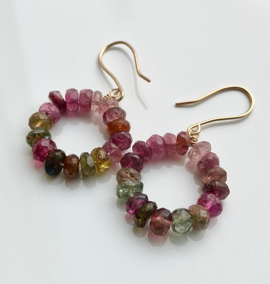 Watermelon Tourmaline Beaded Hoop Earrings