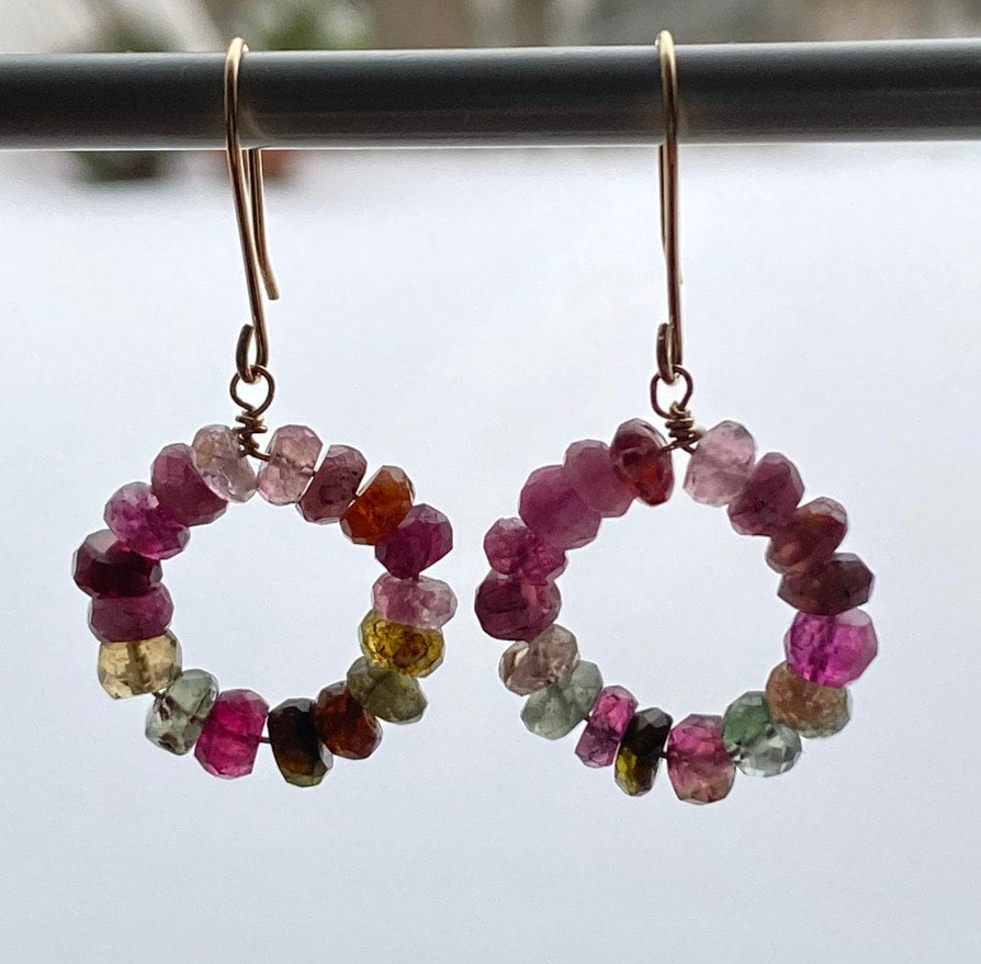 Watermelon Tourmaline Beaded Hoop Earrings