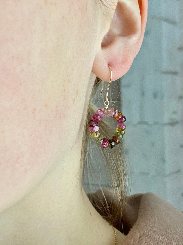 Watermelon Tourmaline Beaded Hoop Earrings