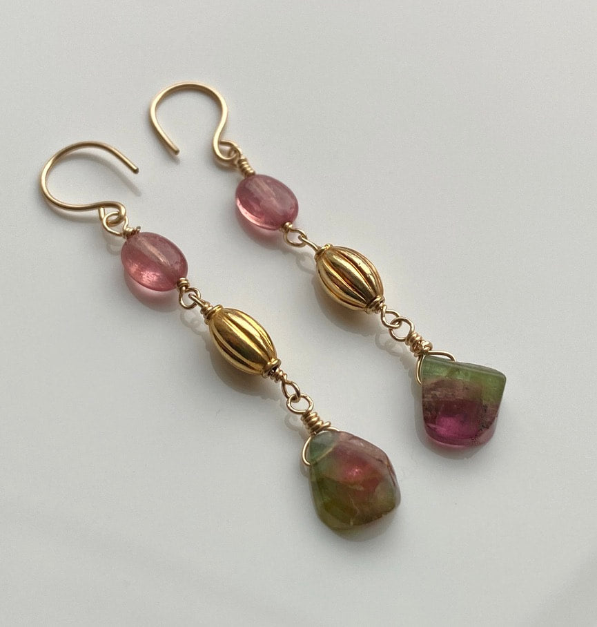 Long Bicolor Watermelon Tourmaline and Pink Mozambique Sapphire Earrings
