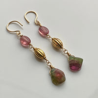 Long Bicolor Watermelon Tourmaline and Pink Mozambique Sapphire Earrings