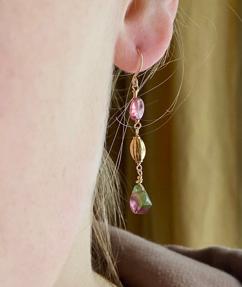 Long Bicolor Watermelon Tourmaline and Pink Mozambique Sapphire Earrings