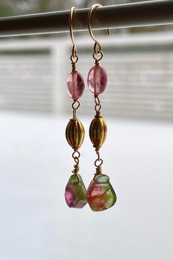 Long Bicolor Watermelon Tourmaline and Pink Mozambique Sapphire Earrings