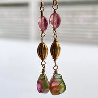 Long Bicolor Watermelon Tourmaline and Pink Mozambique Sapphire Earrings