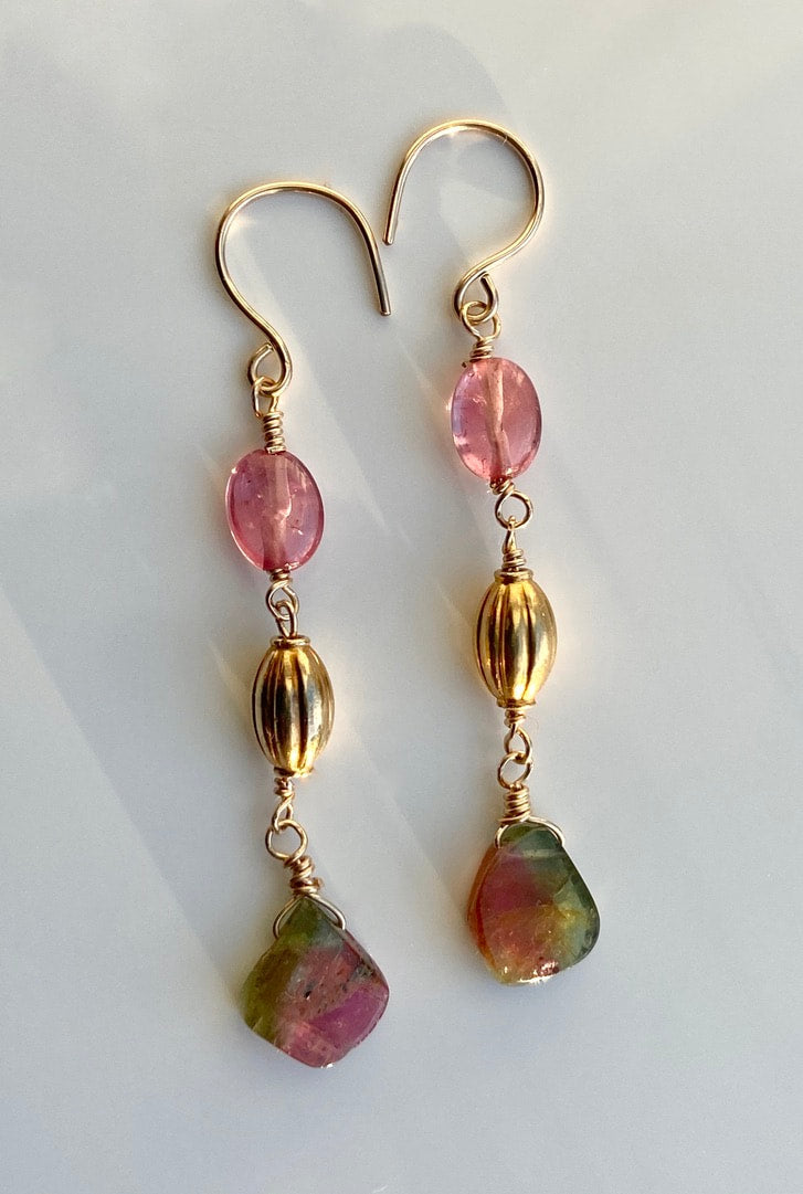 Long Bicolor Watermelon Tourmaline and Pink Mozambique Sapphire Earrings