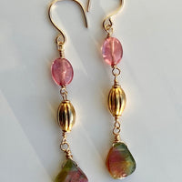Long Bicolor Watermelon Tourmaline and Pink Mozambique Sapphire Earrings