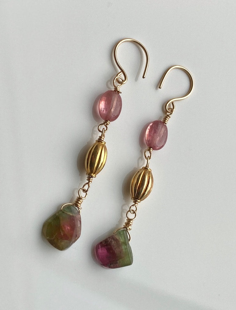 Long Bicolor Watermelon Tourmaline and Pink Mozambique Sapphire Earrings