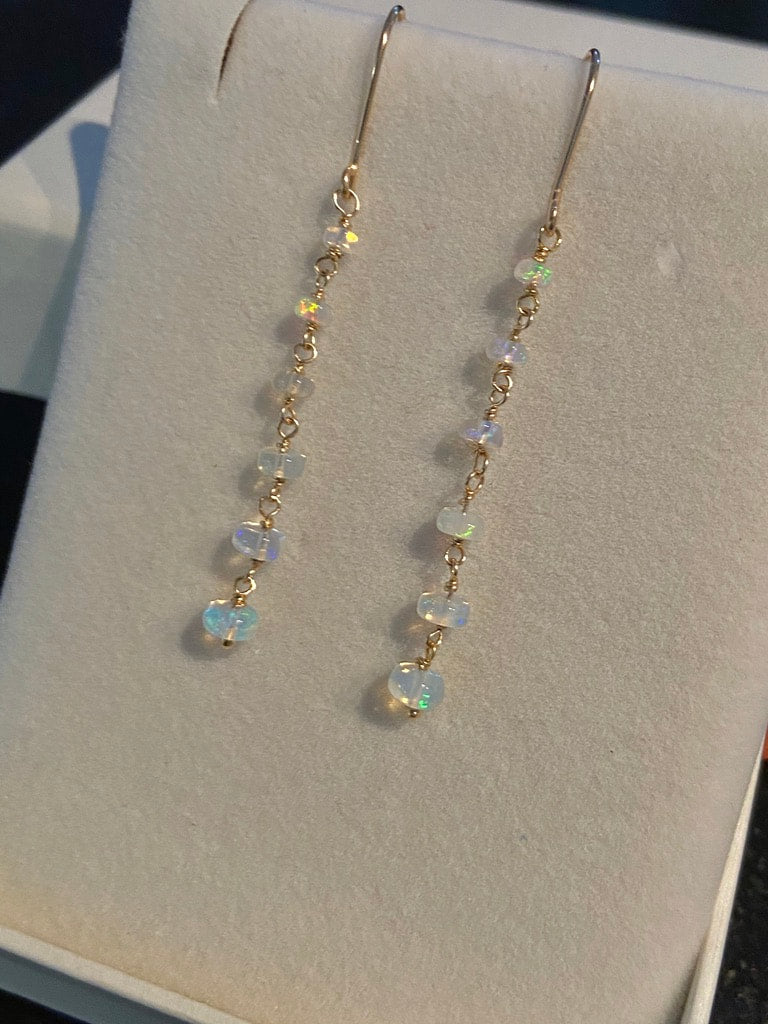 Ethiopian Opal Long Chain Earrings, October Birthstone Earrings