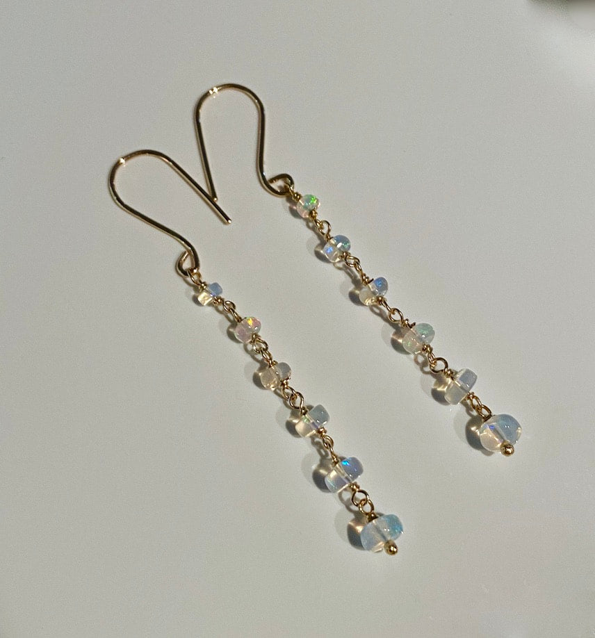 Ethiopian Opal Long Chain Earrings, October Birthstone Earrings