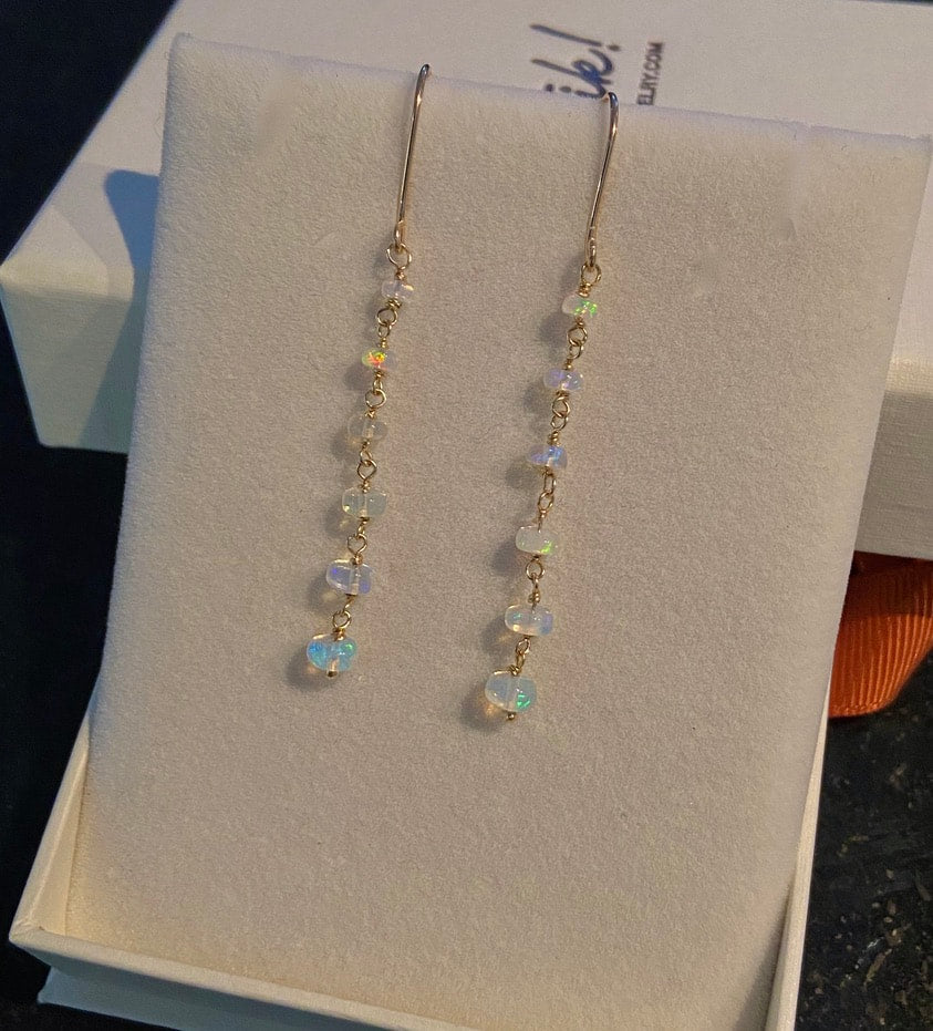 Ethiopian Opal Long Chain Earrings, October Birthstone Earrings