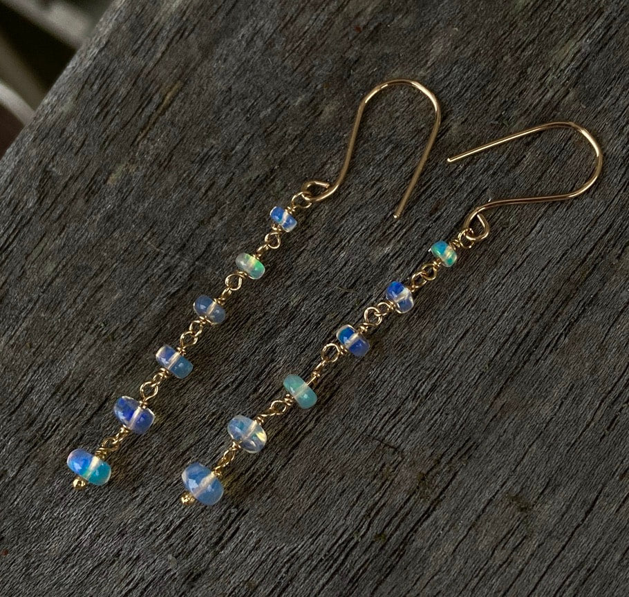 Ethiopian Opal Long Chain Earrings, October Birthstone Earrings