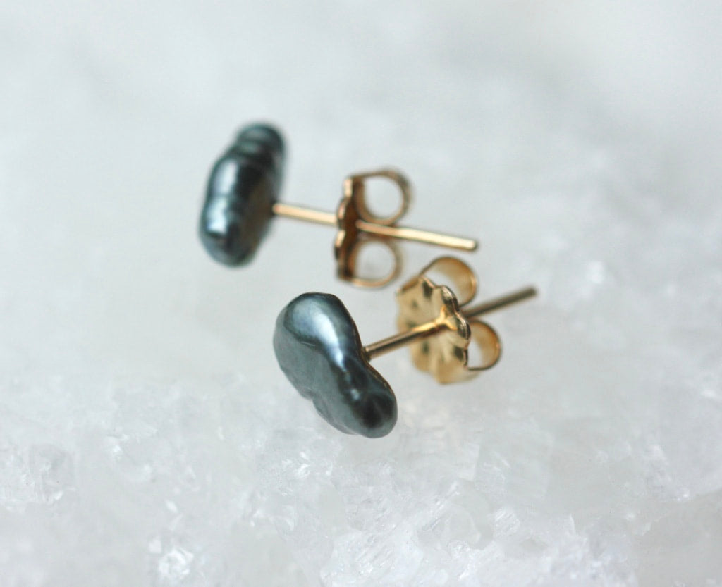 Tahitian Keshi Pearl Stud Earrings, Tahitian Grey Pearl Post Earrings, June Birthstone Earrings