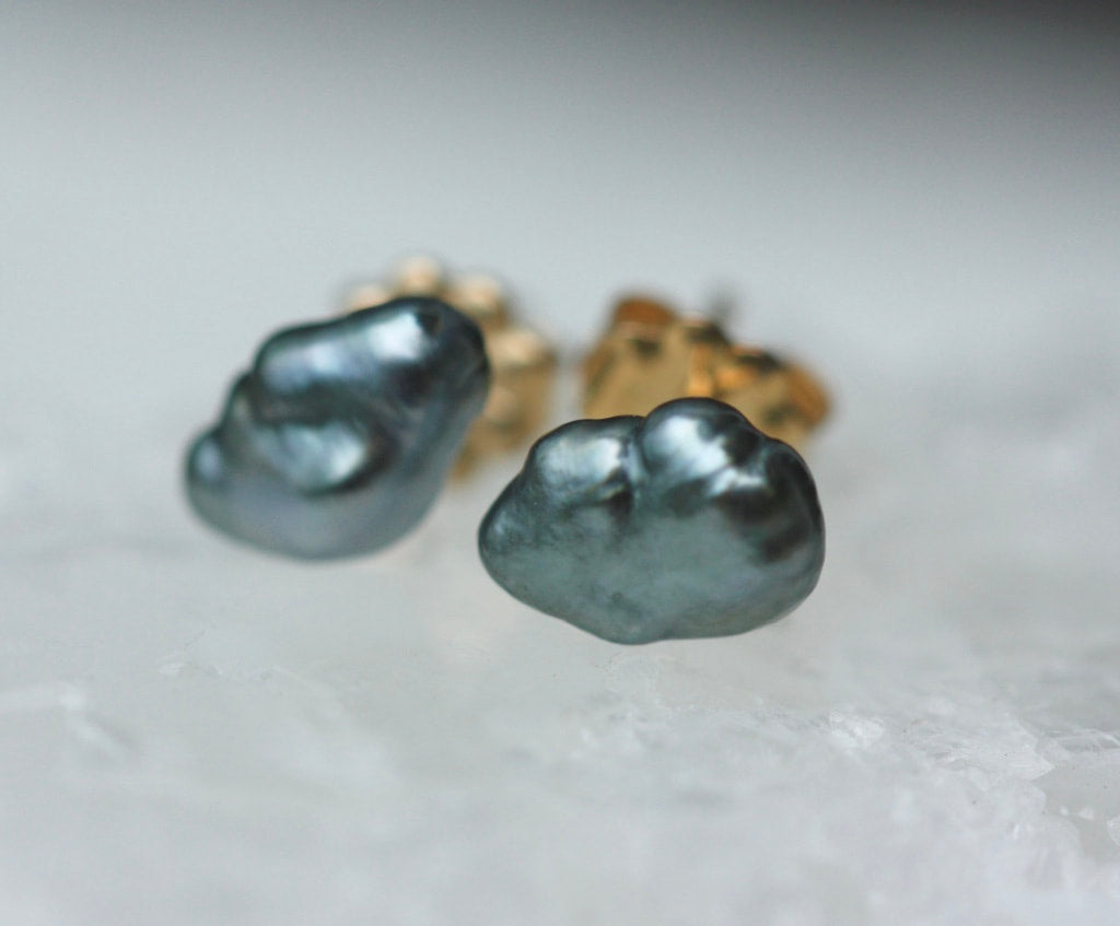 Tahitian Keshi Pearl Stud Earrings, Tahitian Grey Pearl Post Earrings, June Birthstone Earrings