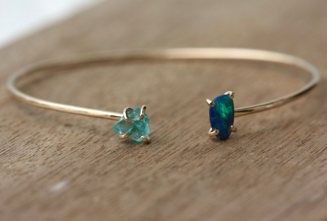Open Cuff Bracelet with Australian Boulder Opal Doublet and Raw Apatite Crystal