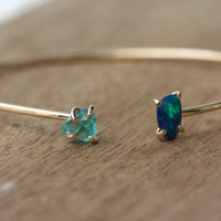 Open Cuff Bracelet with Australian Boulder Opal Doublet and Raw Apatite Crystal
