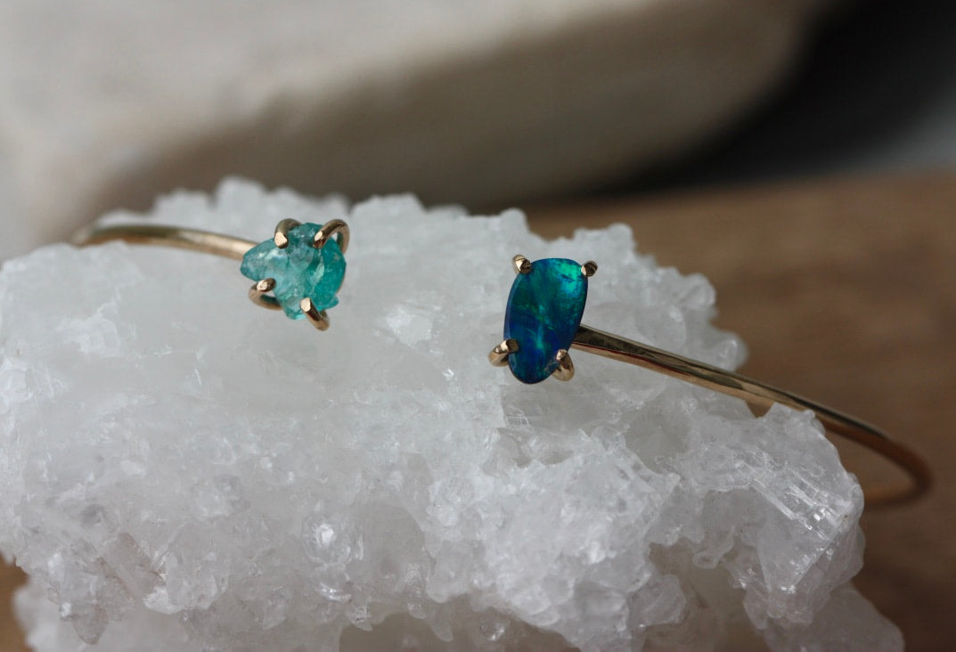 Open Cuff Bracelet with Australian Boulder Opal Doublet and Raw Apatite Crystal