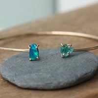 Open Cuff Bracelet with Australian Boulder Opal Doublet and Raw Apatite Crystal