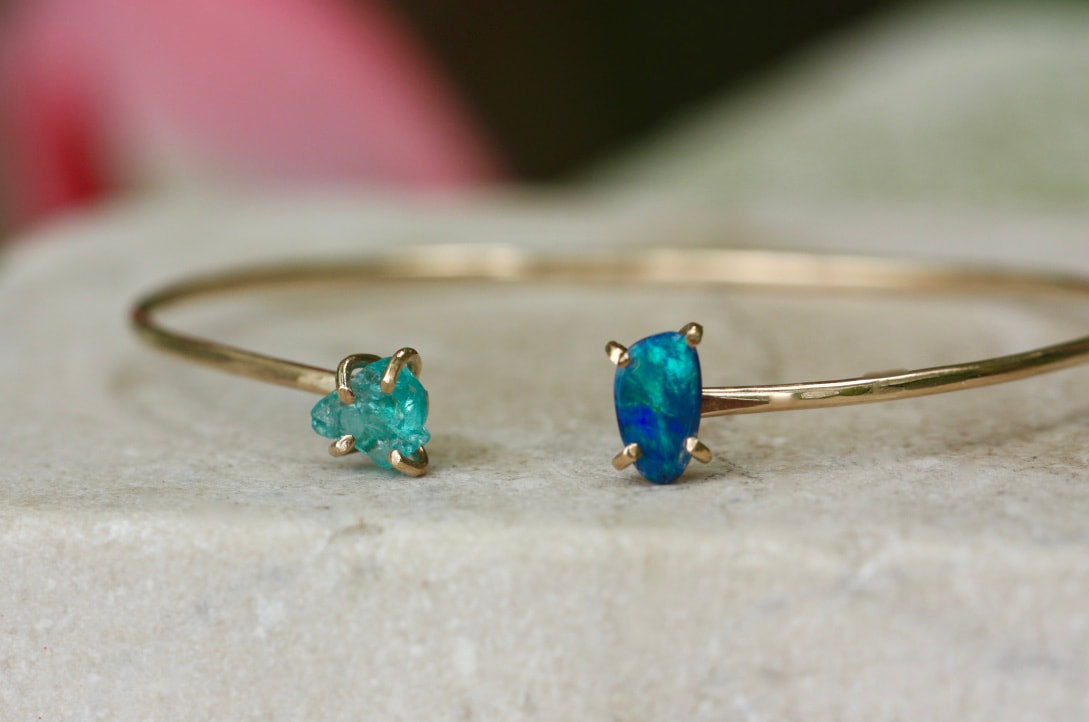 Open Cuff Bracelet with Australian Boulder Opal Doublet and Raw Apatite Crystal