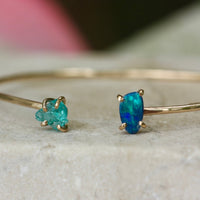 Open Cuff Bracelet with Australian Boulder Opal Doublet and Raw Apatite Crystal