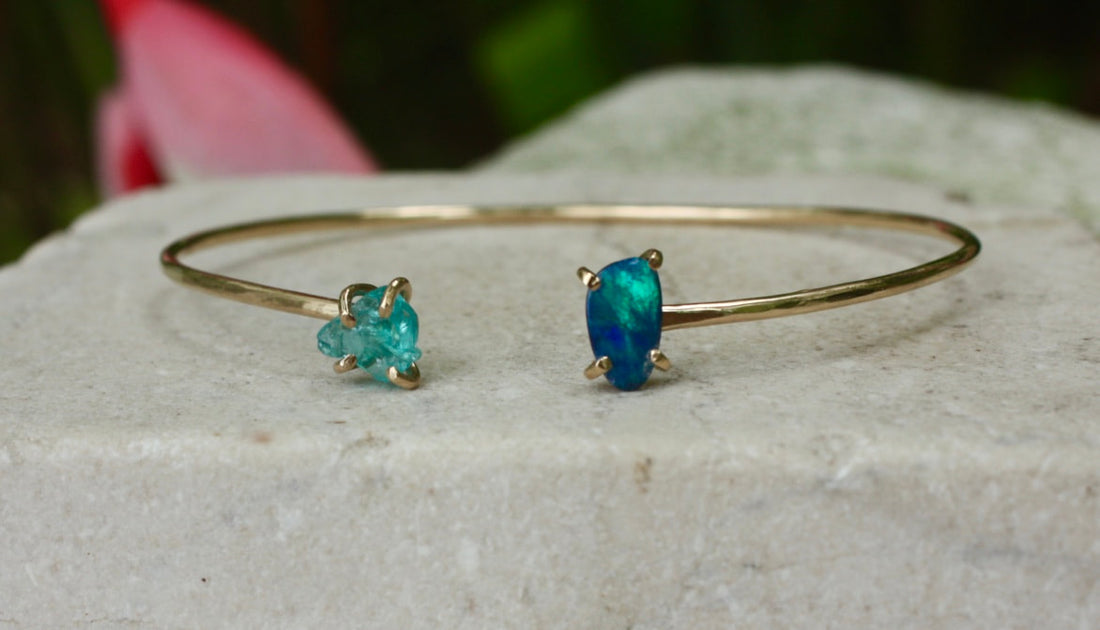 Open Cuff Bracelet with Australian Boulder Opal Doublet and Raw Apatite Crystal