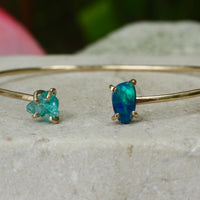 Open Cuff Bracelet with Australian Boulder Opal Doublet and Raw Apatite Crystal
