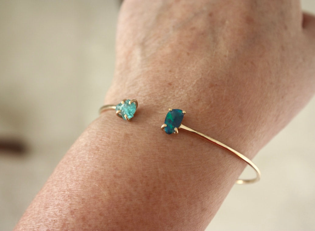Open Cuff Bracelet with Australian Boulder Opal Doublet and Raw Apatite Crystal