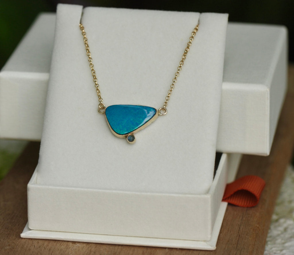 Australian Opal and Blue Sapphire Pendant Necklace, September and October Birthstone Necklace