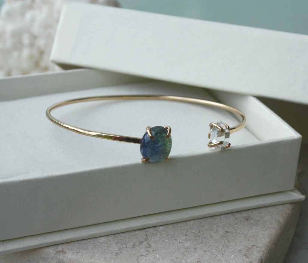 Open Cuff Bracelet with Blue Green Ocean Tanzanite and Herkimer Diamond