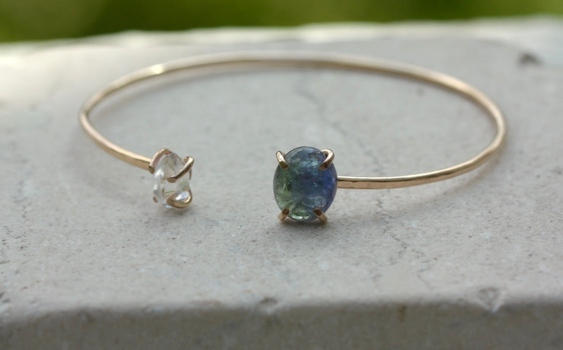 Open Cuff Bracelet with Blue Green Ocean Tanzanite and Herkimer Diamond