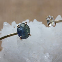 Open Cuff Bracelet with Blue Green Ocean Tanzanite and Herkimer Diamond