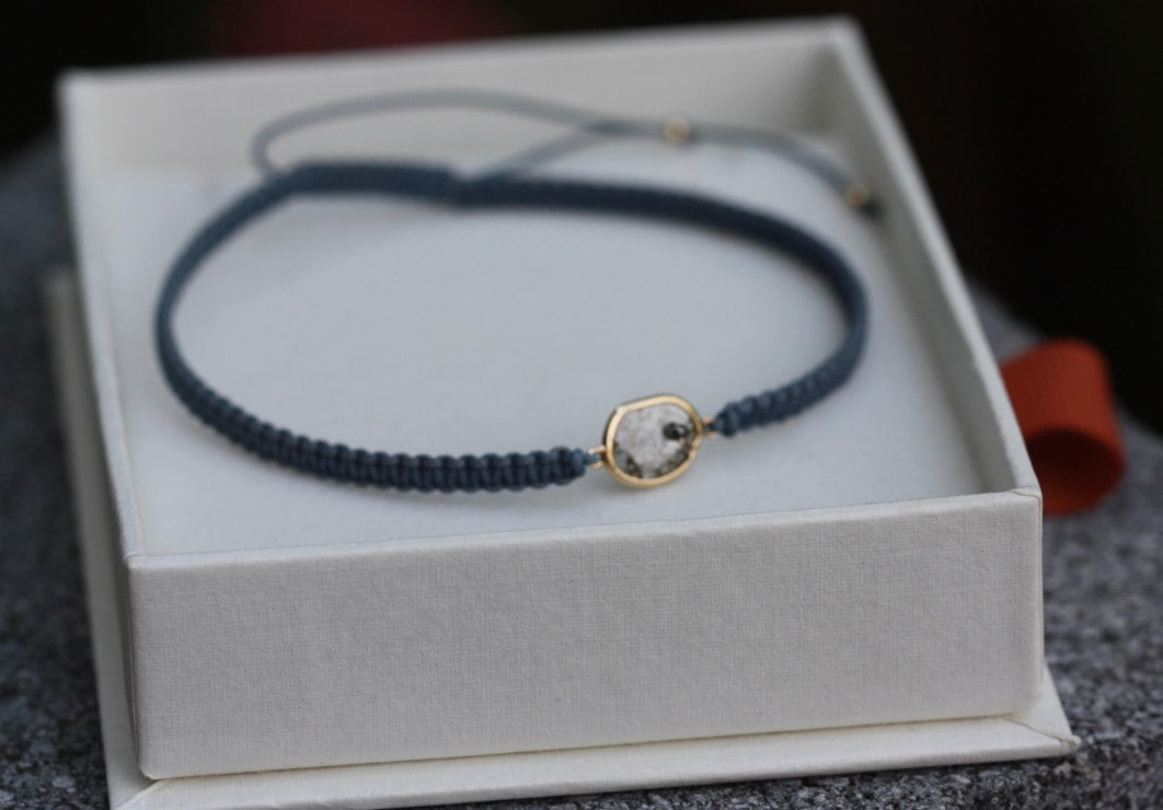 Rose Cut Salt and Pepper Diamond Slice, Black Diamond,18k Gold and Organic Cotton Adjustable Macrame Bracelet