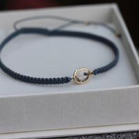 Rose Cut Salt and Pepper Diamond Slice, Black Diamond,18k Gold and Organic Cotton Adjustable Macrame Bracelet