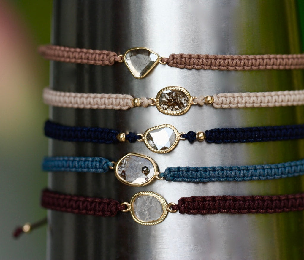 Rose Cut Salt and Pepper Diamond Slice, Black Diamond,18k Gold and Organic Cotton Adjustable Macrame Bracelet