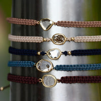 Rose Cut Salt and Pepper Diamond Slice, Black Diamond,18k Gold and Organic Cotton Adjustable Macrame Bracelet