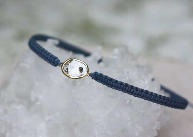 Rose Cut Salt and Pepper Diamond Slice, Black Diamond,18k Gold and Organic Cotton Adjustable Macrame Bracelet