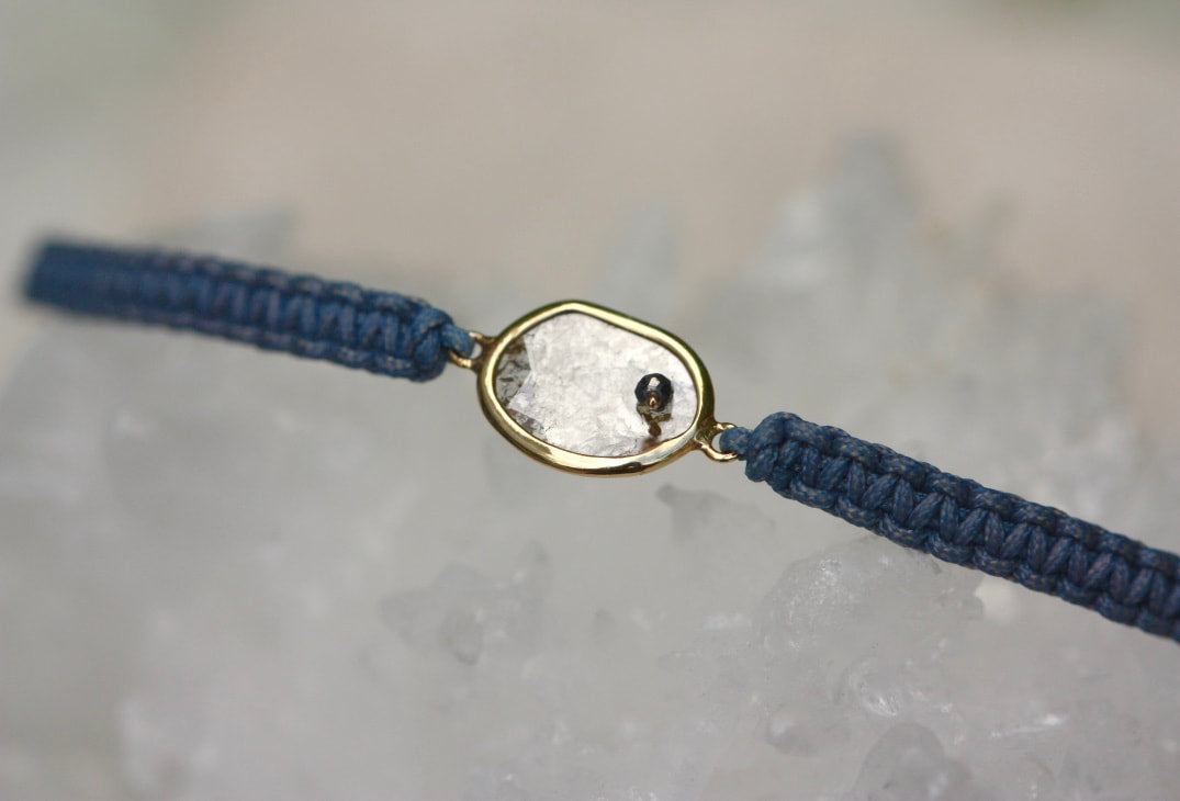 Rose Cut Salt and Pepper Diamond Slice, Black Diamond,18k Gold and Organic Cotton Adjustable Macrame Bracelet