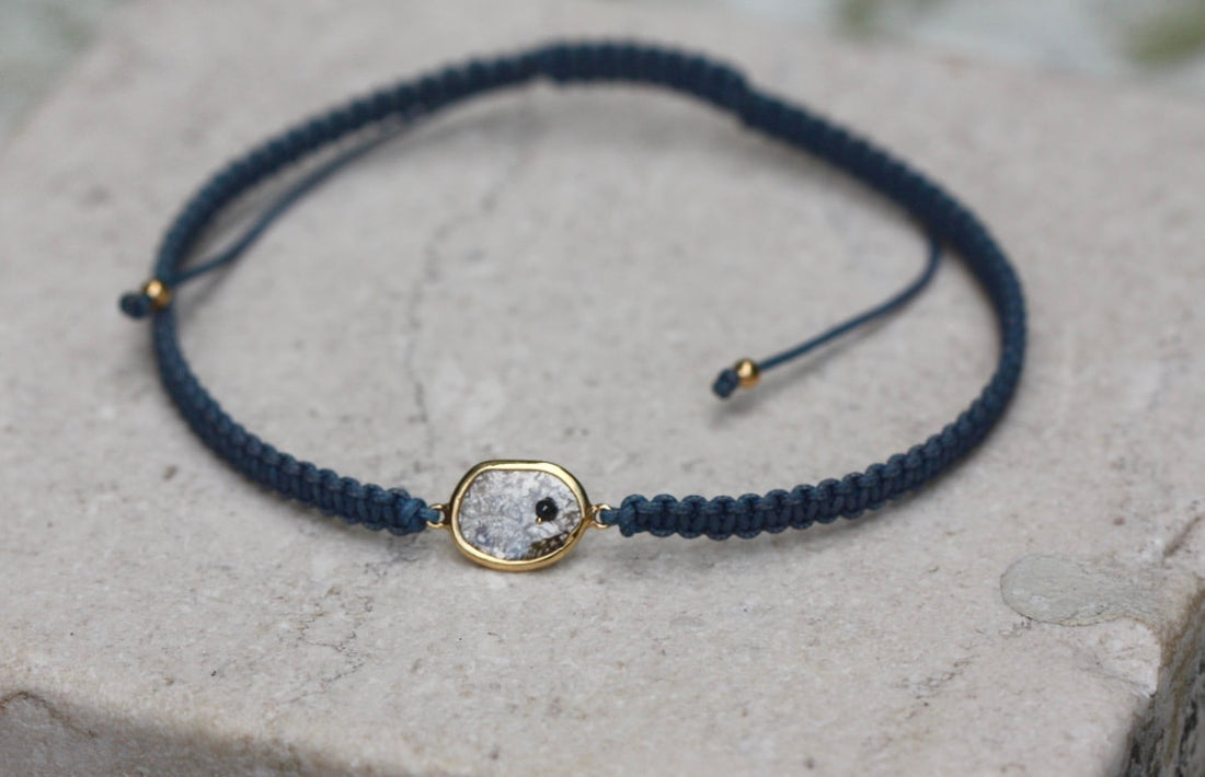 Rose Cut Salt and Pepper Diamond Slice, Black Diamond,18k Gold and Organic Cotton Adjustable Macrame Bracelet
