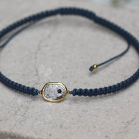 Rose Cut Salt and Pepper Diamond Slice, Black Diamond,18k Gold and Organic Cotton Adjustable Macrame Bracelet