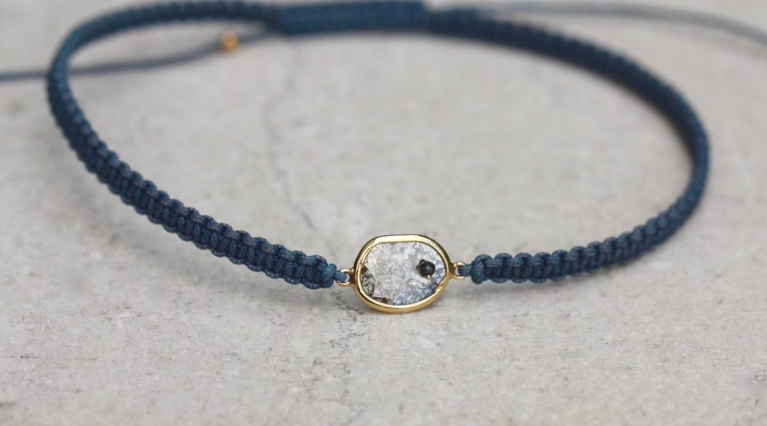 Rose Cut Salt and Pepper Diamond Slice, Black Diamond,18k Gold and Organic Cotton Adjustable Macrame Bracelet