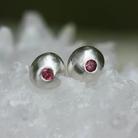 Recycled Silver Nugget and Pink Rubellite Tourmaline Stud Earrings, October Birthstone Earrings