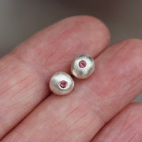 Recycled Silver Nugget and Pink Rubellite Tourmaline Stud Earrings, October Birthstone Earrings