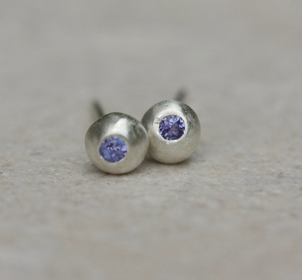 Recycled Silver Nugget and Tanzanite Stud Earrings